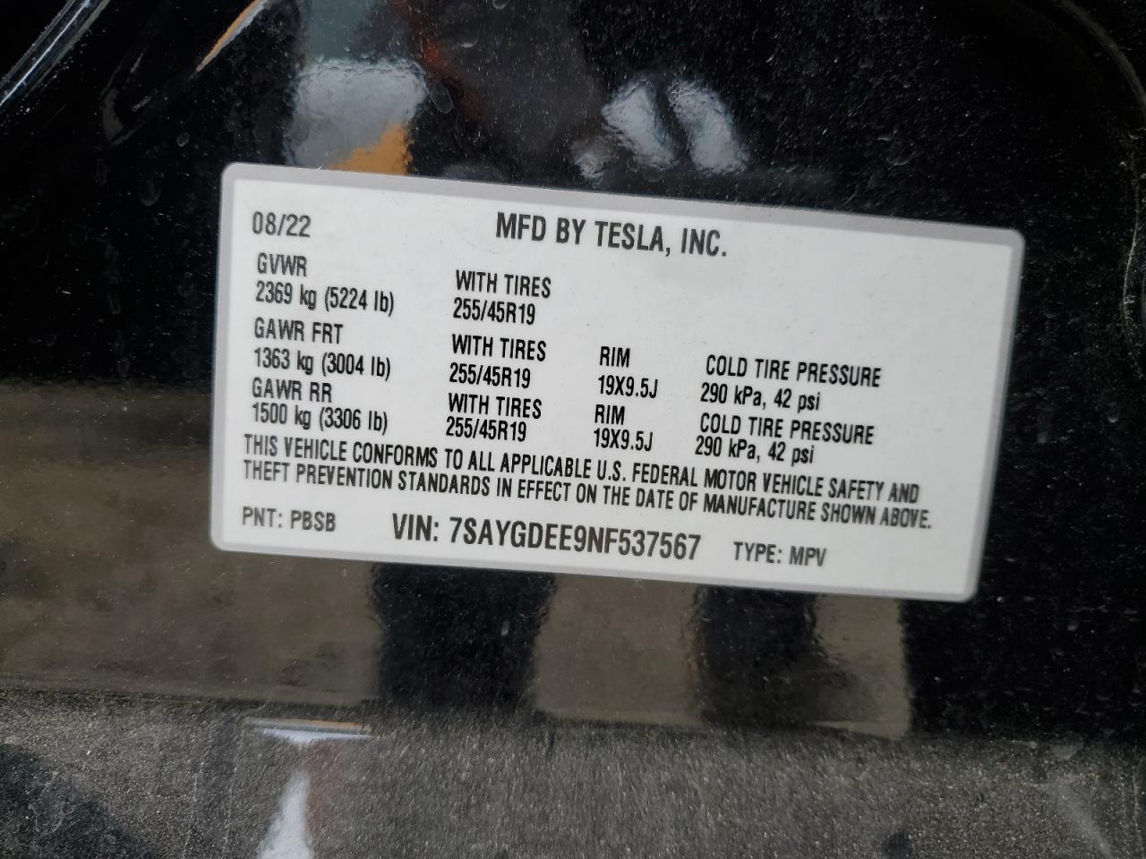 2022 Tesla Model Y VIN: 7SAYGDEE9NF537567 Lot: 89399865