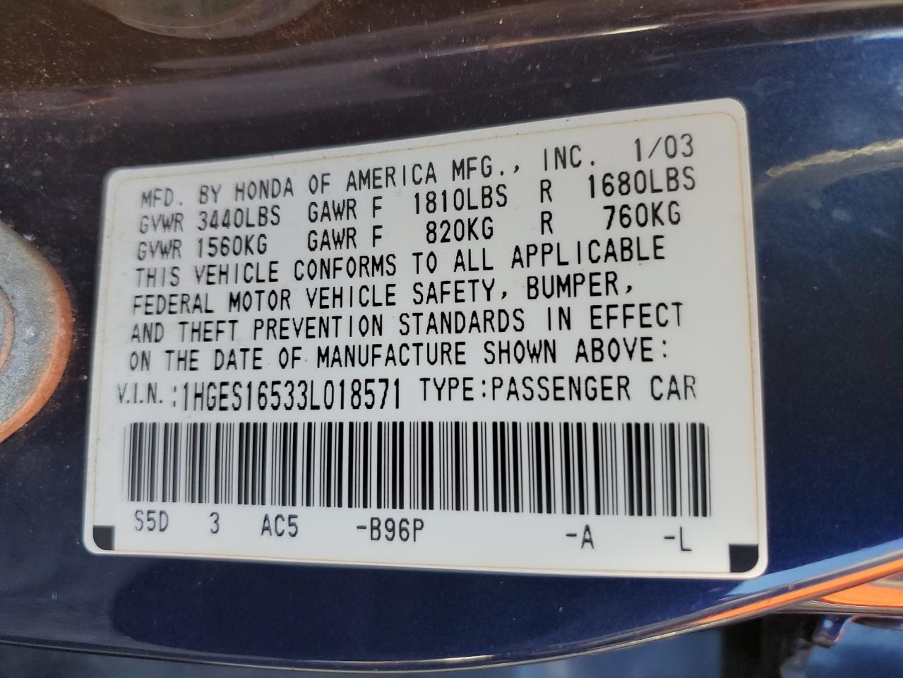 2003 Honda Civic Lx VIN: 1HGES16533L018571 Lot: 85846185