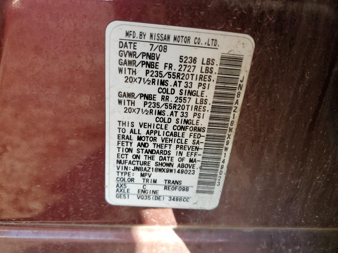 2009 Nissan Murano S VIN: JN8AZ18WX9W149023 Lot: 87864685