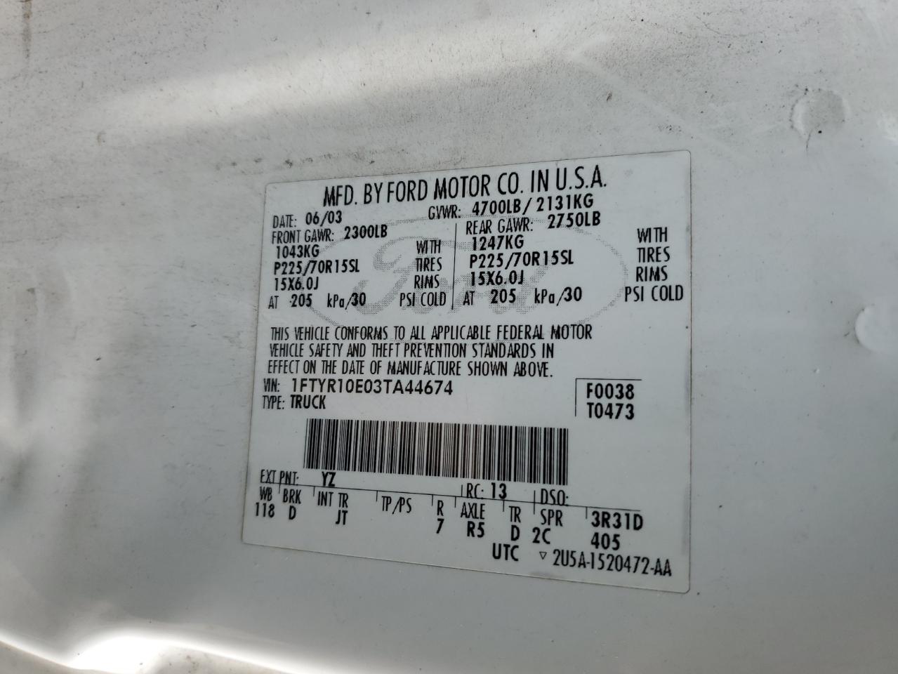 2003 Ford Ranger VIN: 1FTYR10E03TA44674 Lot: 88537665