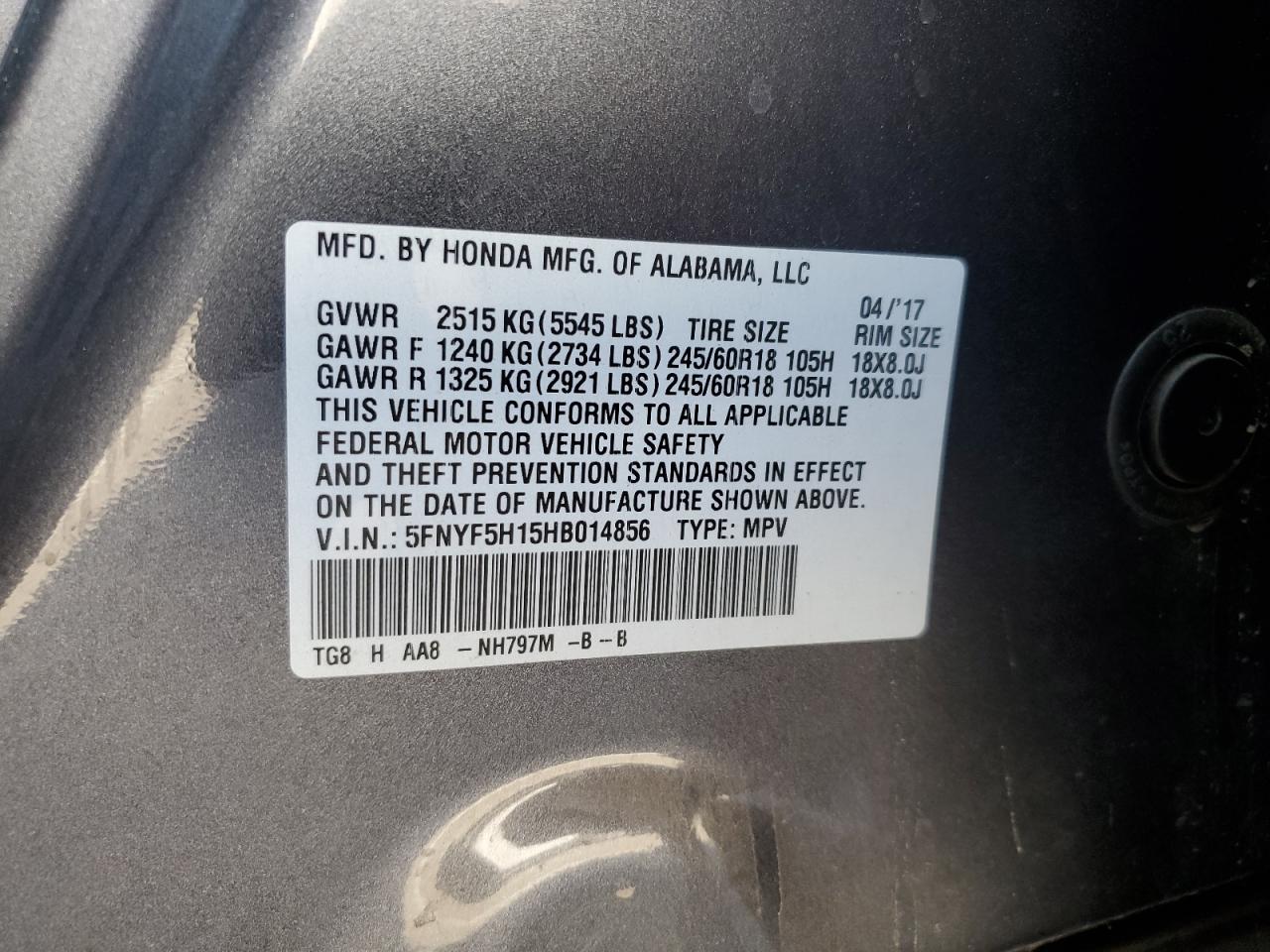 2017 Honda Pilot Lx VIN: 5FNYF5H15HB014856 Lot: 88818015