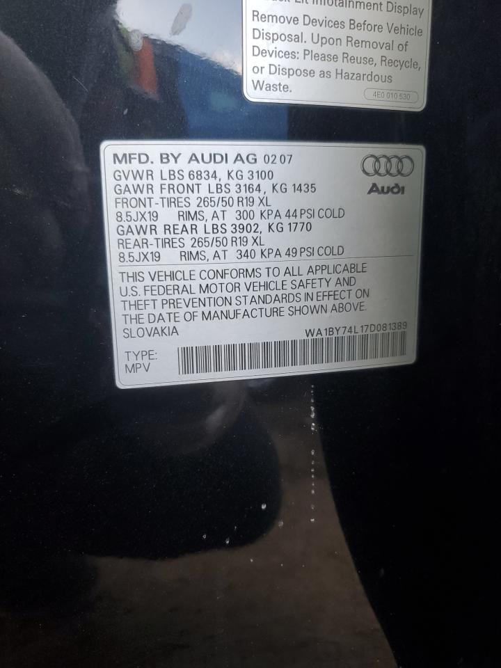 2007 Audi Q7 3.6 Quattro Premium VIN: WA1BY74L17D081389 Lot: 88420185