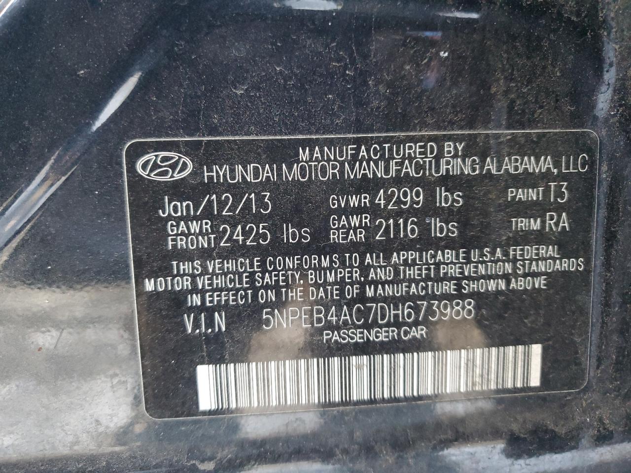 2013 Hyundai Sonata Gls VIN: 5NPEB4AC7DH673988 Lot: 87727365