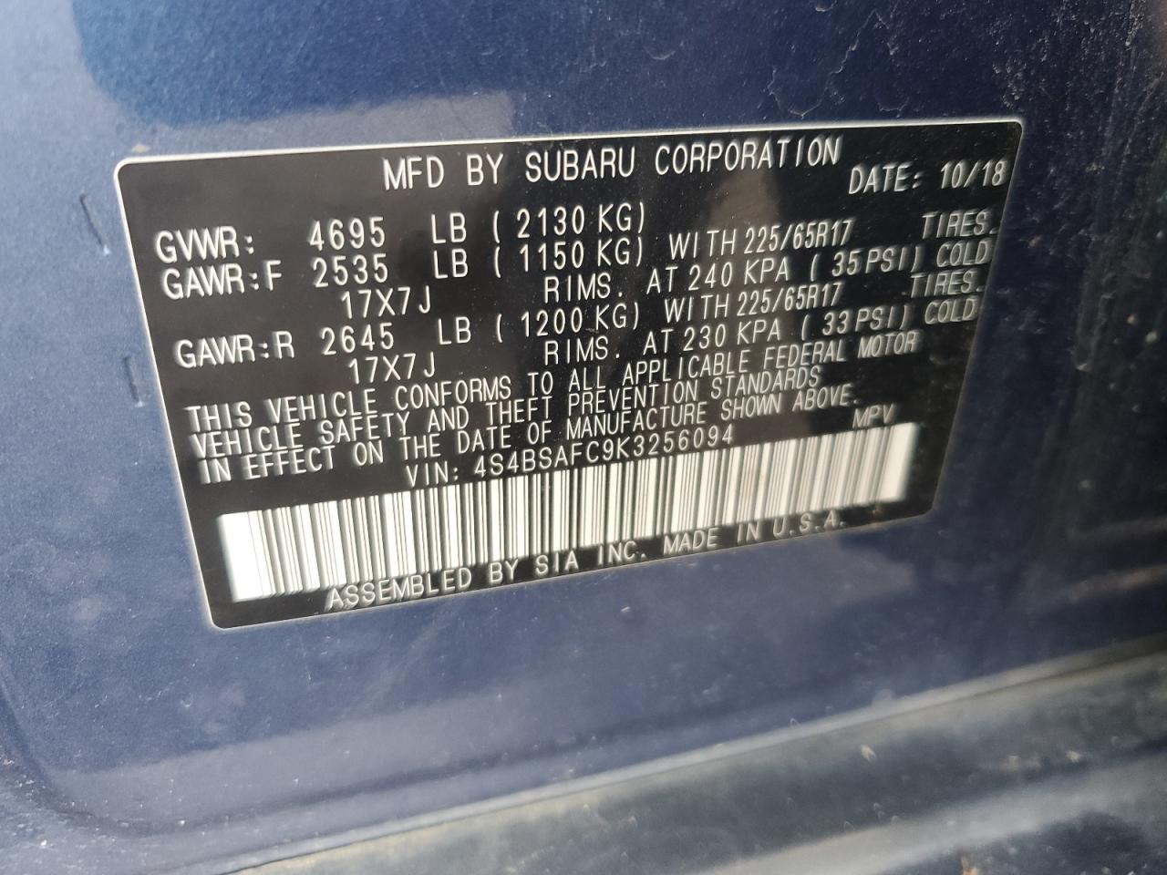 VIN 4S4BSAFC9K3256094 2019 SUBARU OUTBACK no.13