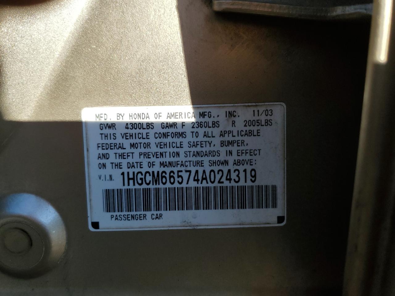 2004 Honda Accord Ex VIN: 1HGCM66574A024319 Lot: 87866905