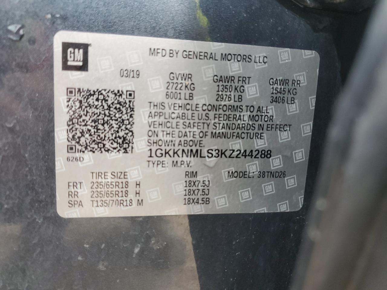 VIN 1GKKNMLS3KZ244288 2019 GMC ACADIA no.13