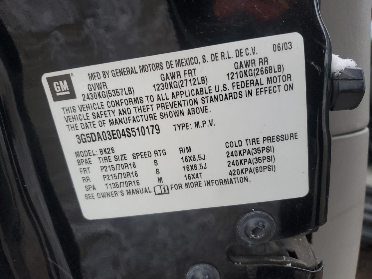 2004 Buick Rendezvous Cx VIN: 3G5DA03E04S510179 Lot: 87385334