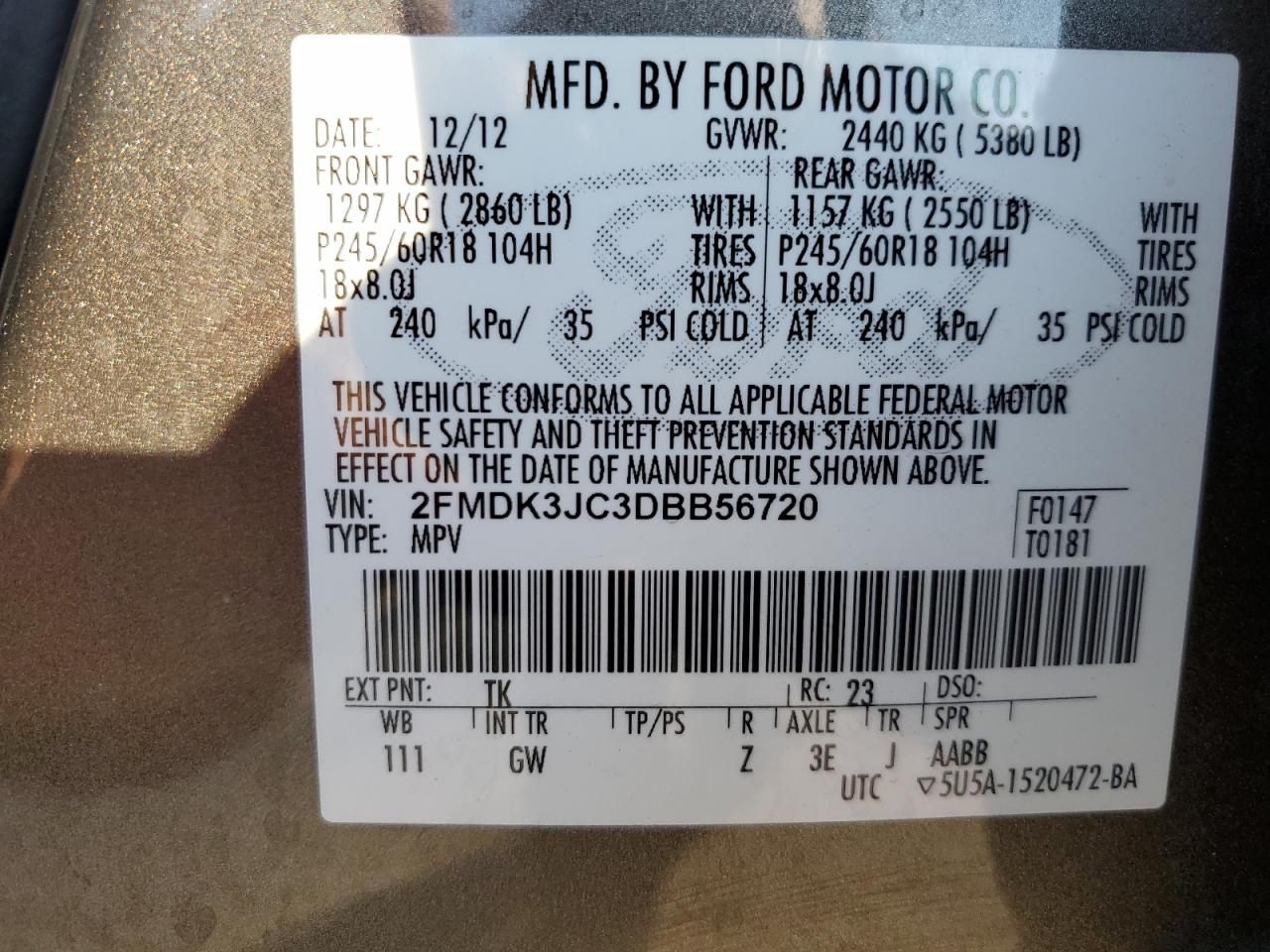 VIN 2FMDK3JC3DBB56720 2013 FORD EDGE no.13