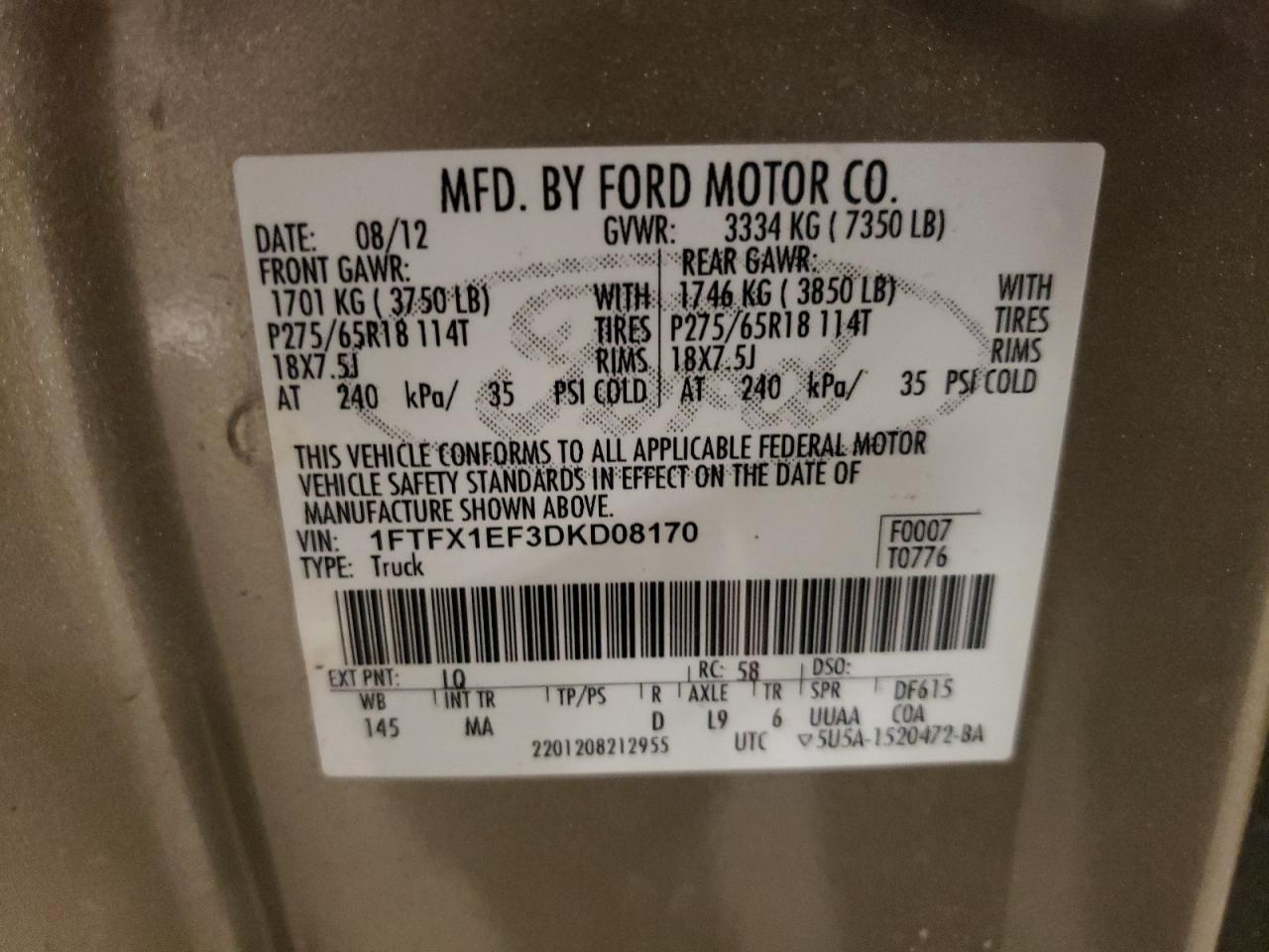 VIN 1FTFX1EF3DKD08170 2013 FORD F-150 no.12