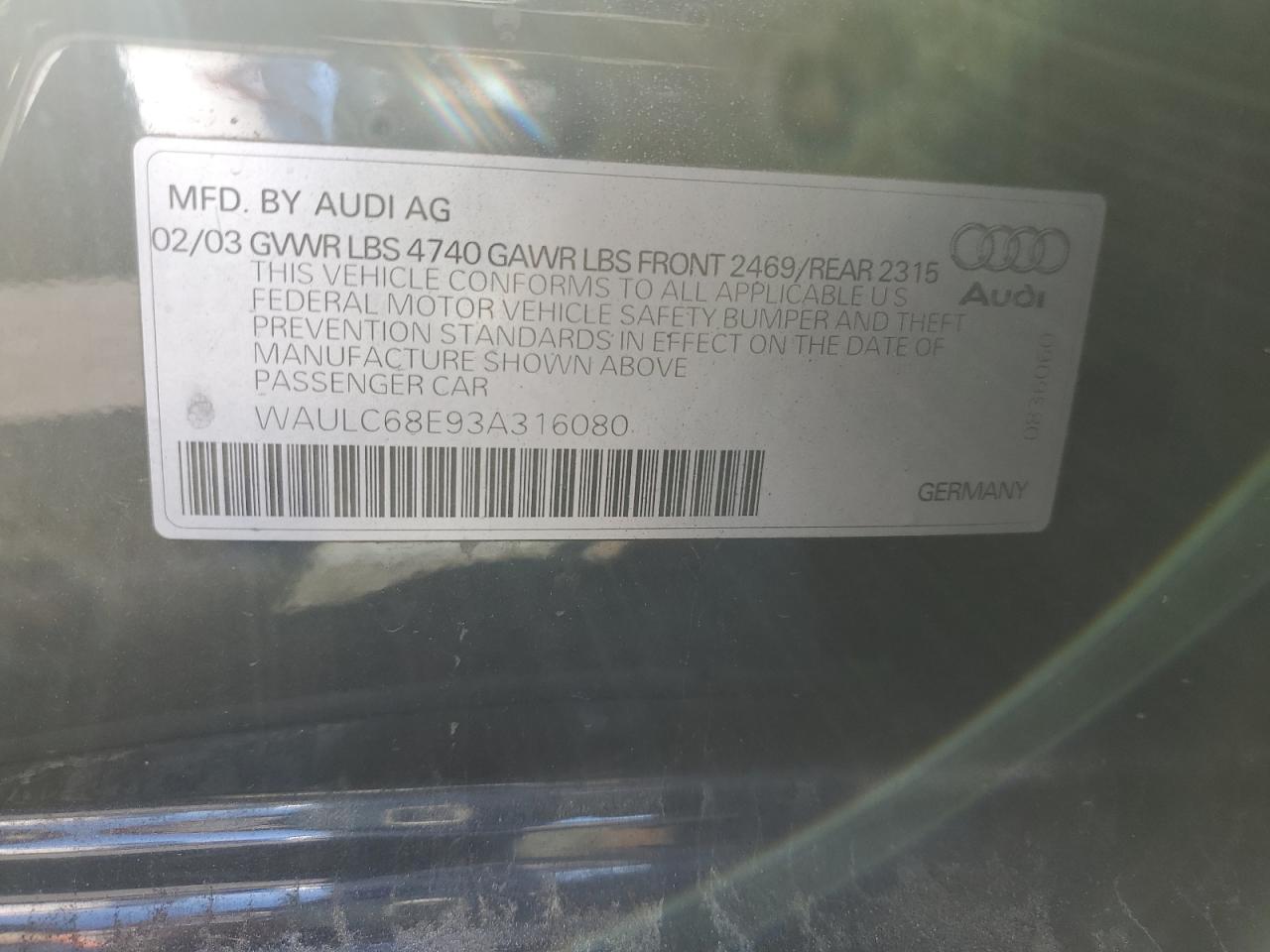2003 Audi A4 1.8T Quattro VIN: WAULC68E93A316080 Lot: 87899895