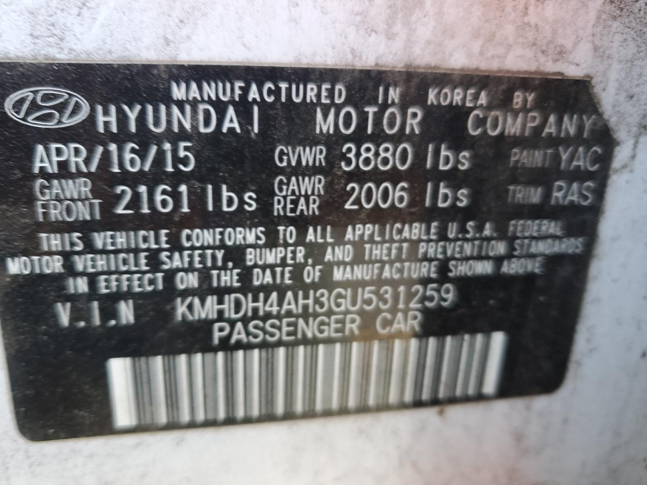 VIN KMHDH4AH3GU531259 2016 HYUNDAI ELANTRA no.12