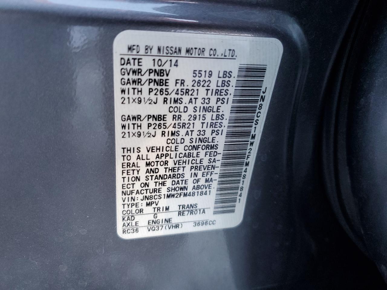 2015 Infiniti Qx70 VIN: JN8CS1MW2FM481841 Lot: 41459505