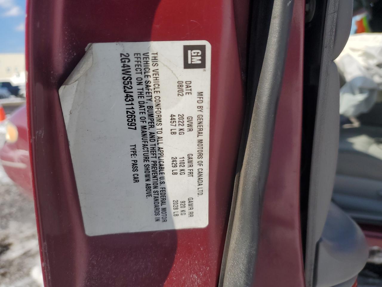 2003 Buick Century Custom VIN: 2G4WS52J431126597 Lot: 42538855