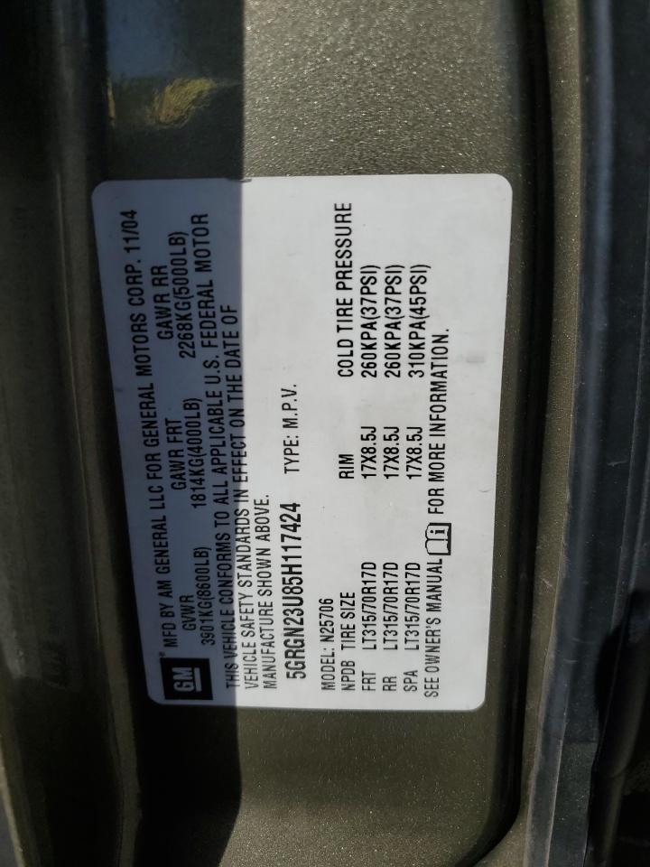 2005 Hummer H2 VIN: 5GRGN23U85H117424 Lot: 42545425