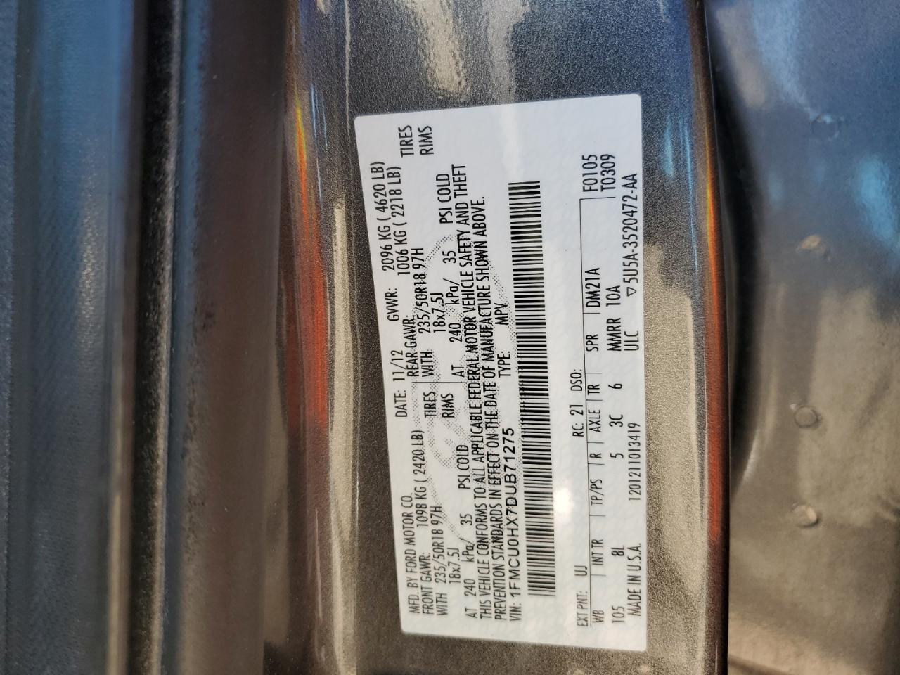 2013 Ford Escape Sel VIN: 1FMCU0HX7DUB71275 Lot: 89277855