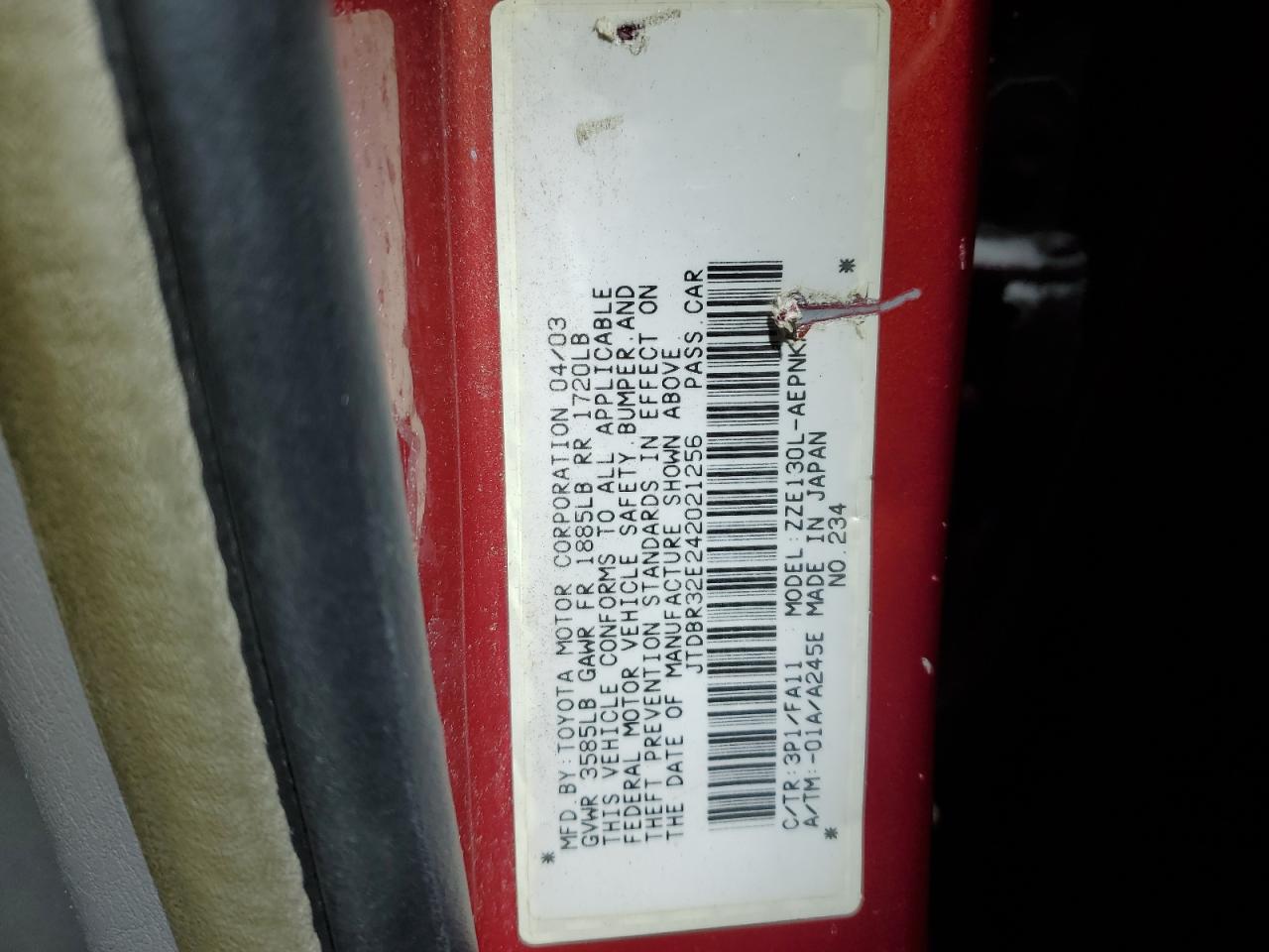 2004 Toyota Corolla Ce VIN: JTDBR32E242021256 Lot: 88138495