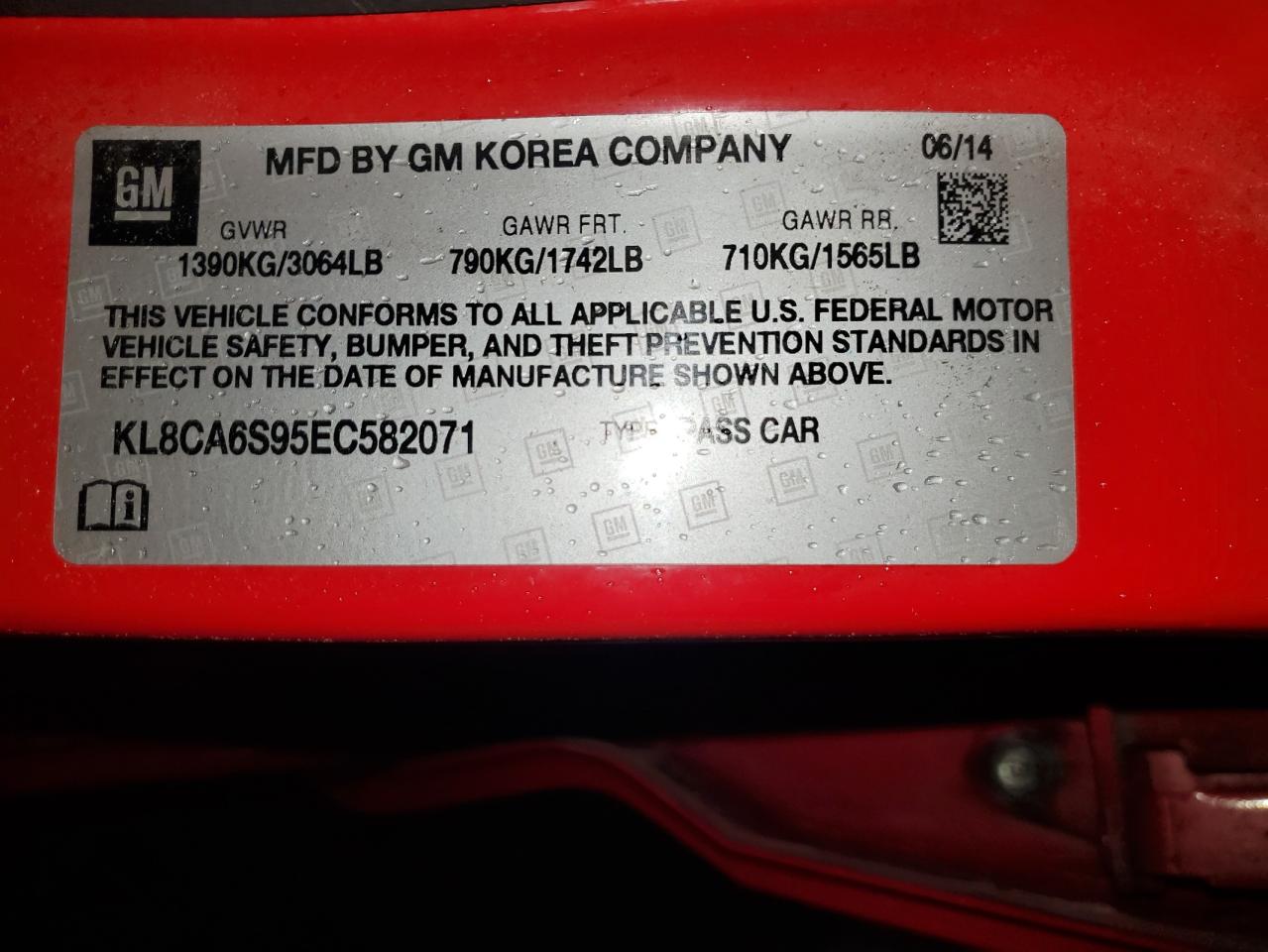2014 Chevrolet Spark Ls VIN: KL8CA6S95EC582071 Lot: 60092355