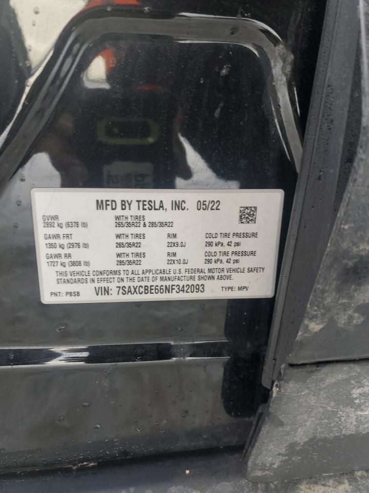 2022 Tesla Model X VIN: 7SAXCBE66NF342093 Lot: 88165005