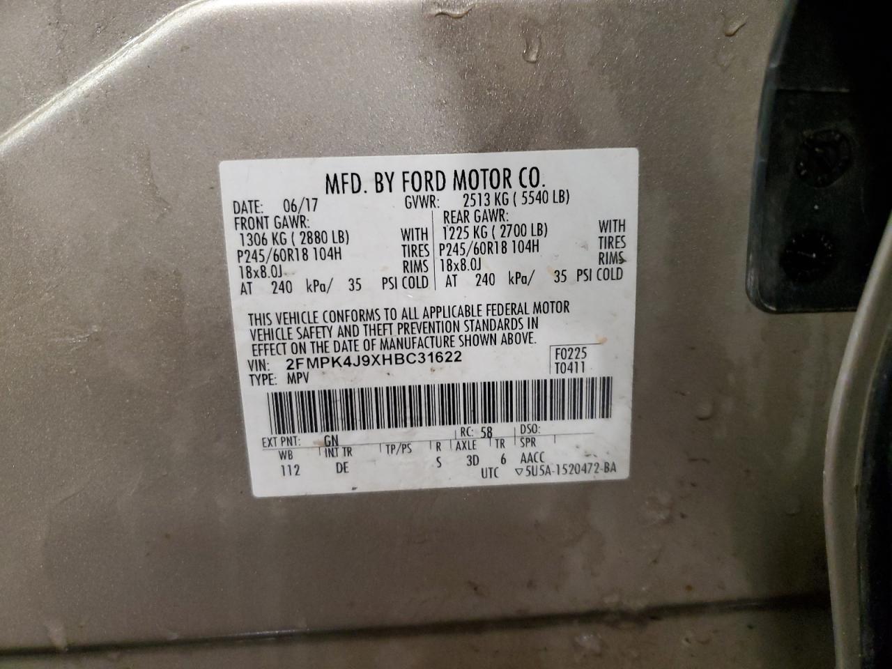 2017 Ford Edge Sel VIN: 2FMPK4J9XHBC31622 Lot: 87014204