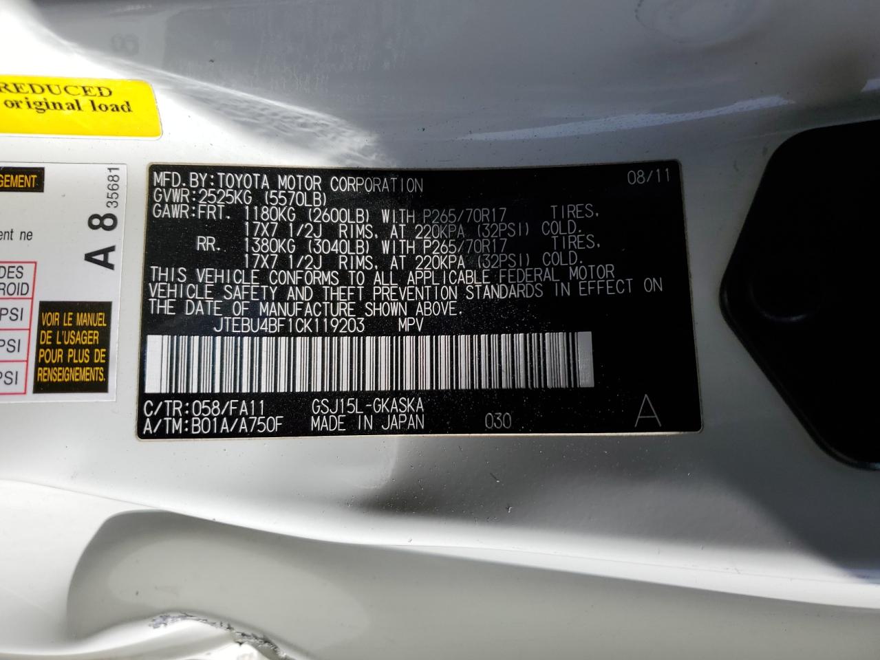 2012 Toyota Fj Cruiser VIN: JTEBU4BF1CK119203 Lot: 89202985