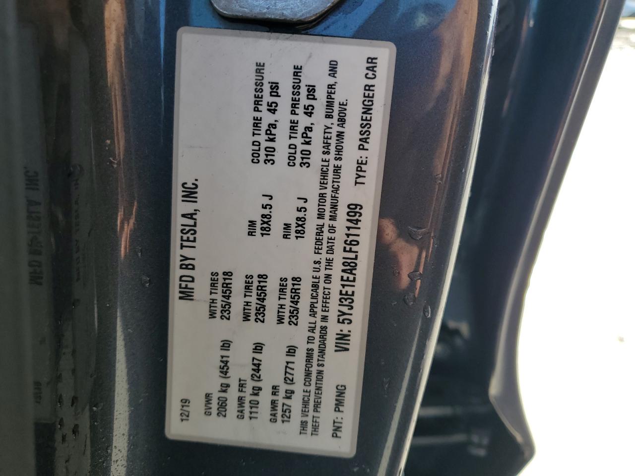 2020 Tesla Model 3 VIN: 5YJ3E1EA8LF611499 Lot: 88255735