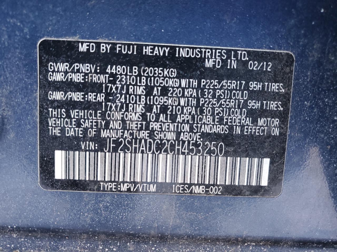 2012 Subaru Forester 2.5X Premium VIN: JF2SHADC2CH453250 Lot: 89362625