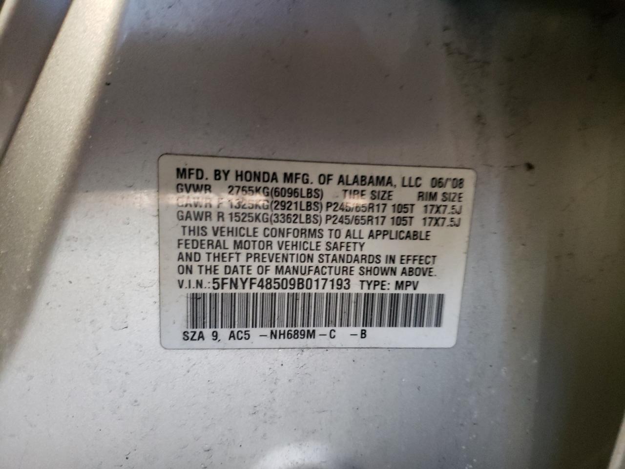 2009 Honda Pilot Exl VIN: 5FNYF48509B017193 Lot: 88898355