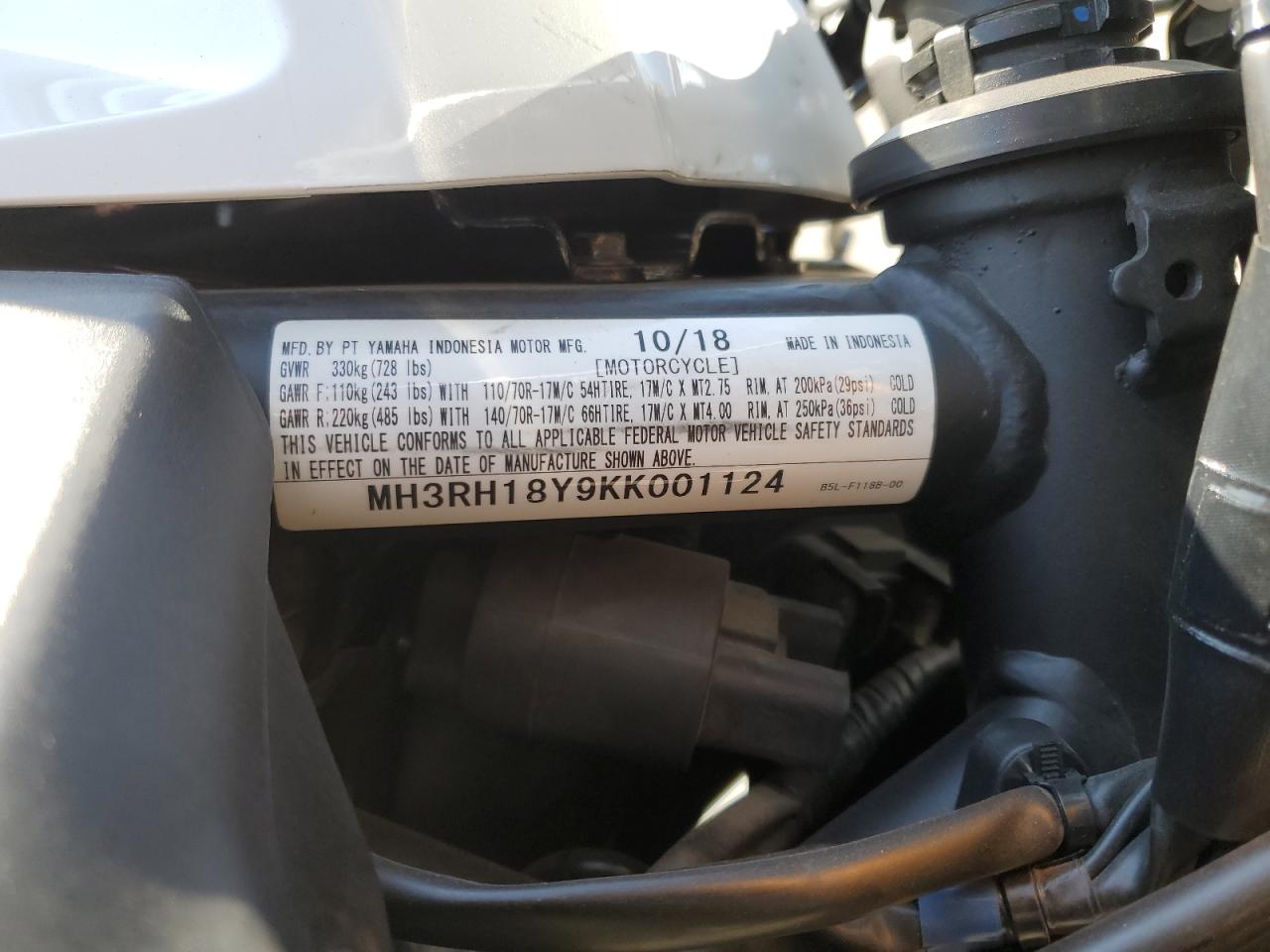 2019 Yamaha Yzfr3 A VIN: MH3RH18Y9KK001124 Lot: 43003215