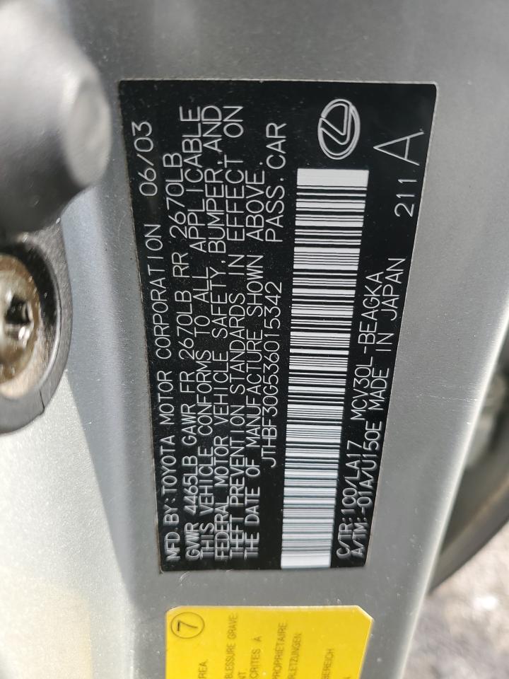 2003 Lexus Es 300 VIN: JTHBF30G536015342 Lot: 89311805