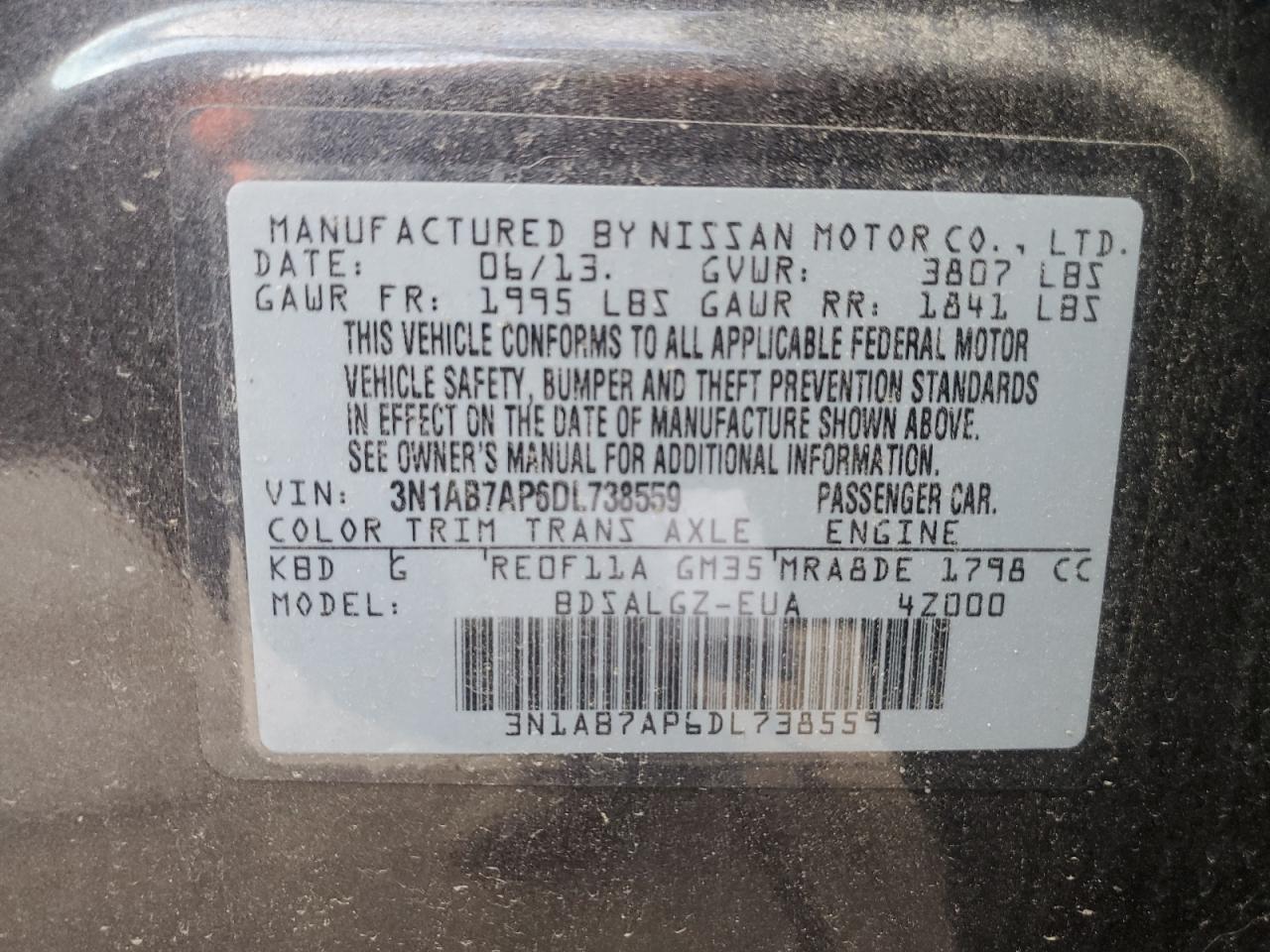 VIN 3N1AB7AP6DL738559 2013 NISSAN SENTRA no.12