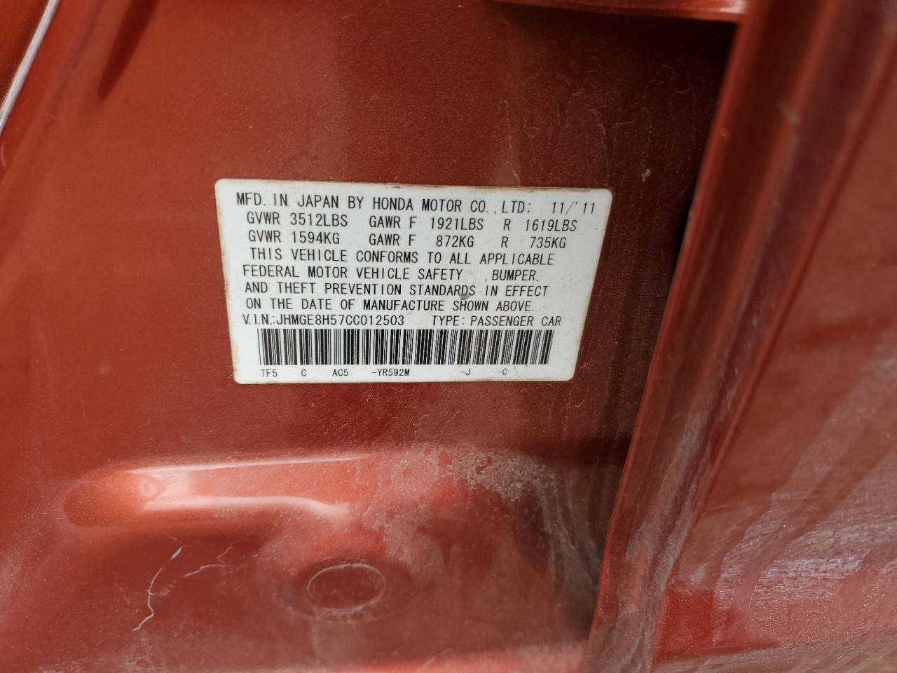 2012 Honda Fit Sport VIN: JHMGE8H57CC012503 Lot: 43197645