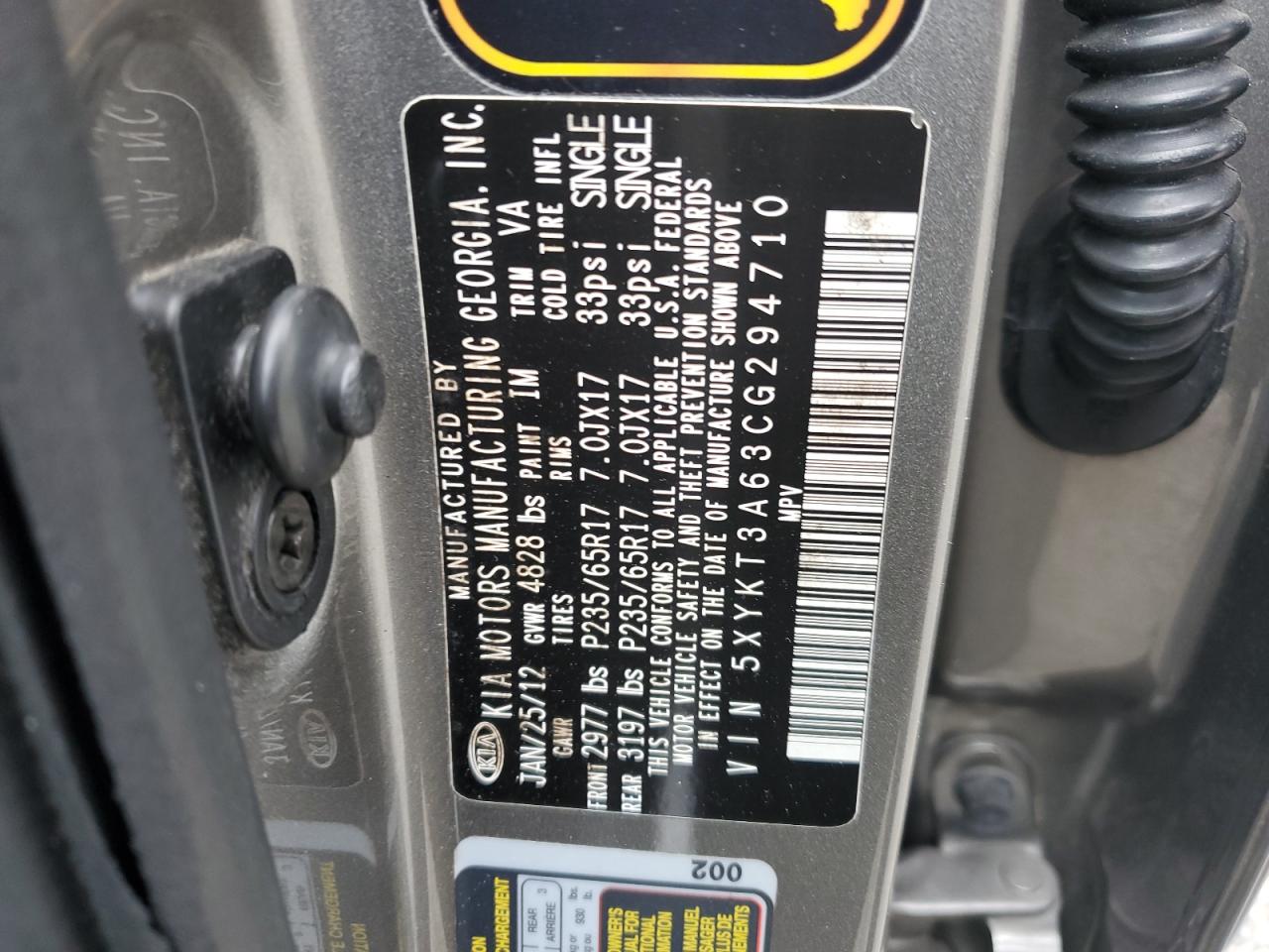 2012 Kia Sorento Base VIN: 5XYKT3A63CG294710 Lot: 41656105