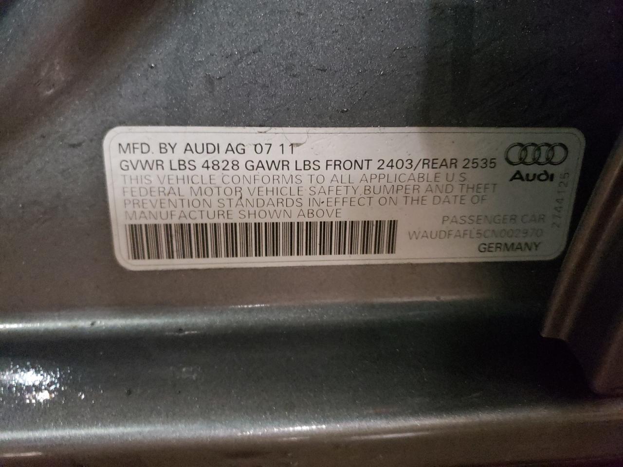 2012 Audi A4 Premium VIN: WAUDFAFL5CN002970 Lot: 41690975