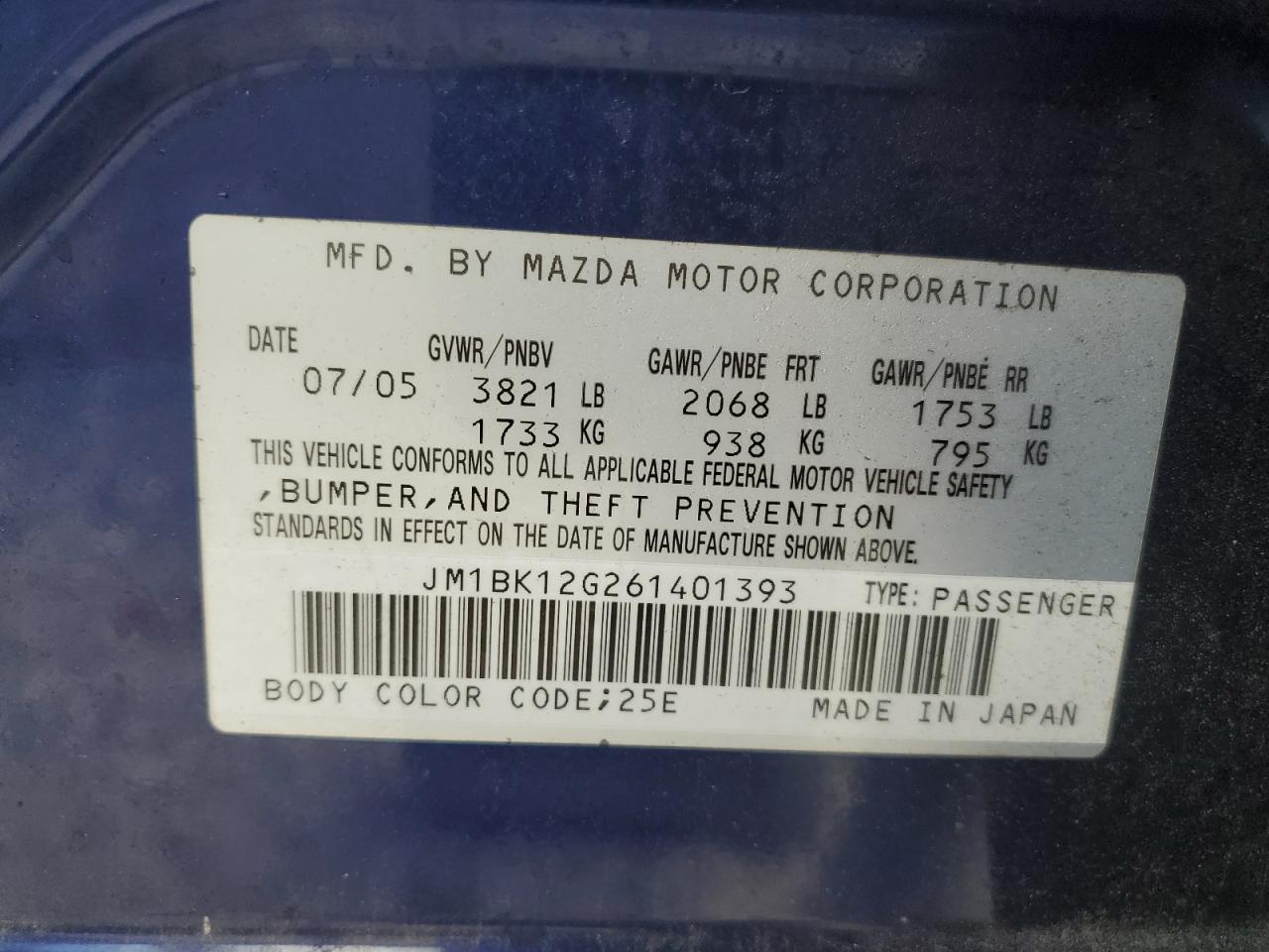 2006 Mazda 3 I VIN: JM1BK12G261401393 Lot: 64424105