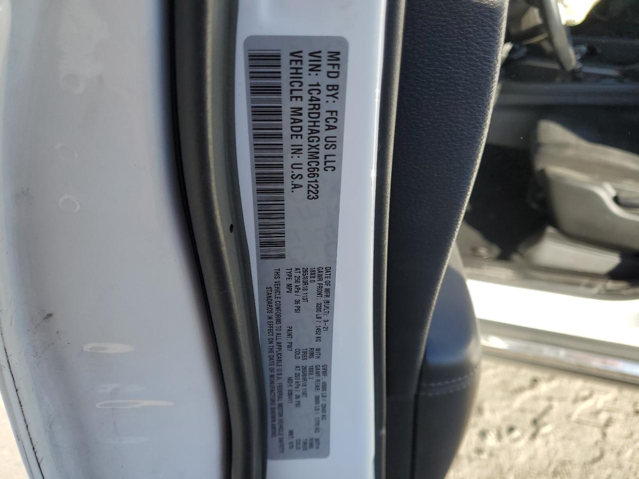 2021 Dodge Durango Sxt VIN: 1C4RDHAGXMC661223 Lot: 87526825