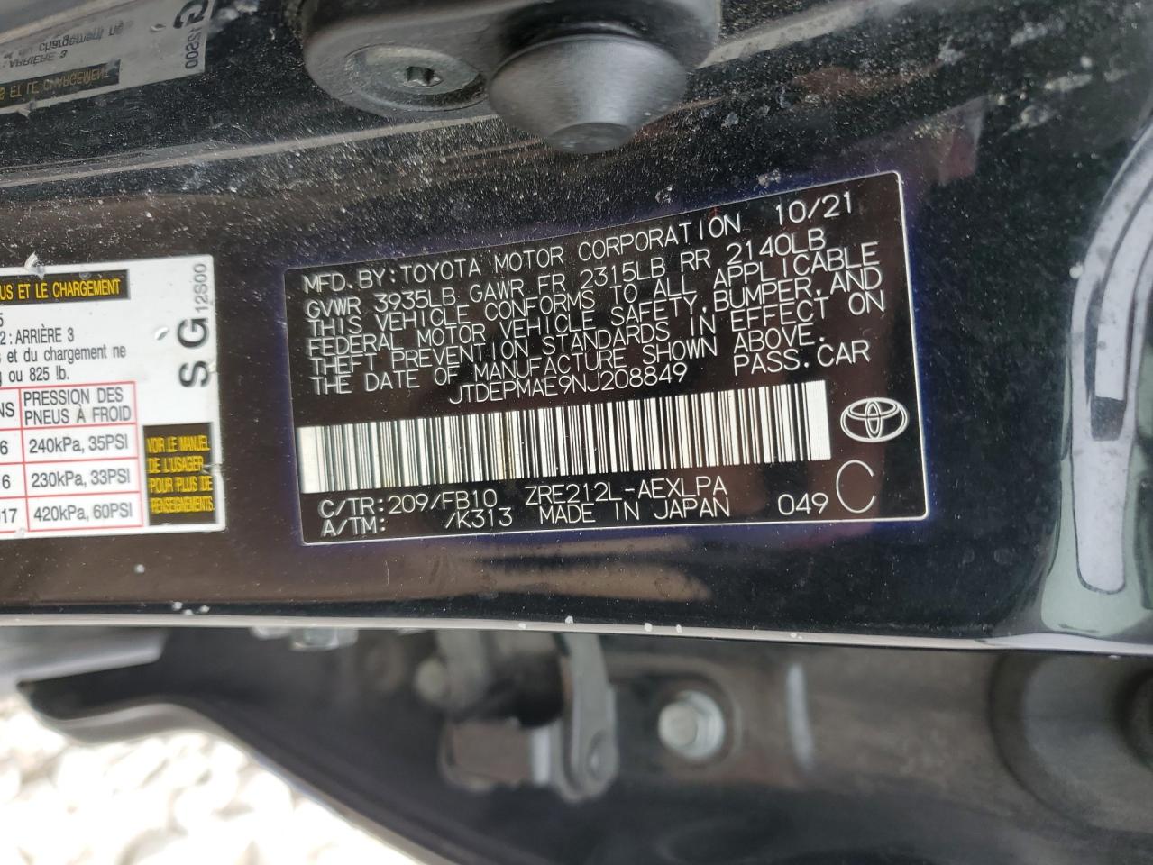 2022 Toyota Corolla Le VIN: JTDEPMAE9NJ208849 Lot: 87412134