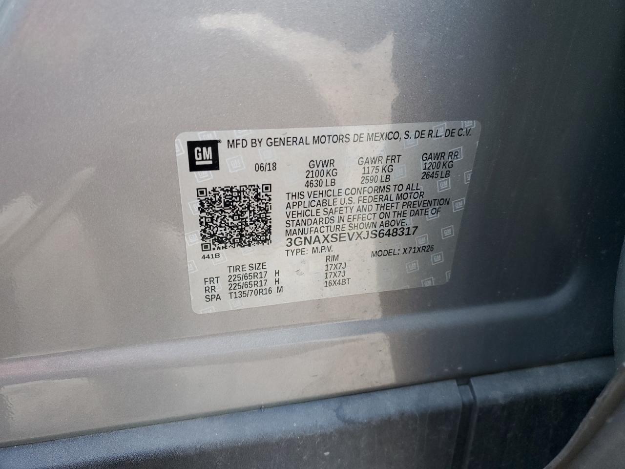 2018 Chevrolet Equinox Lt VIN: 3GNAXSEVXJS648317 Lot: 87405764