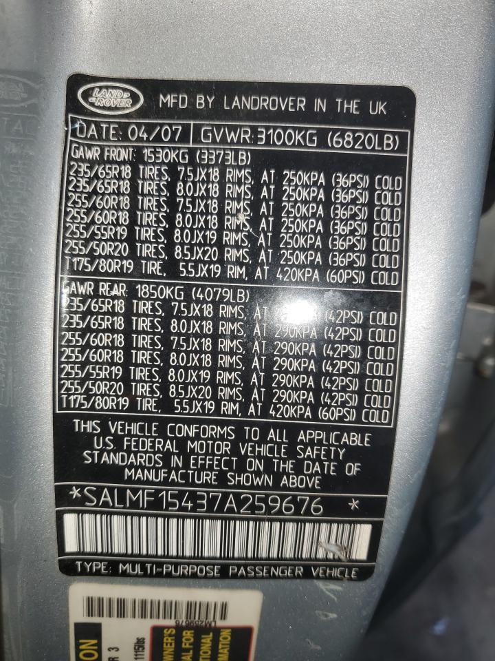 2007 Land Rover Range Rover Hse VIN: SALMF15437A259676 Lot: 83427924