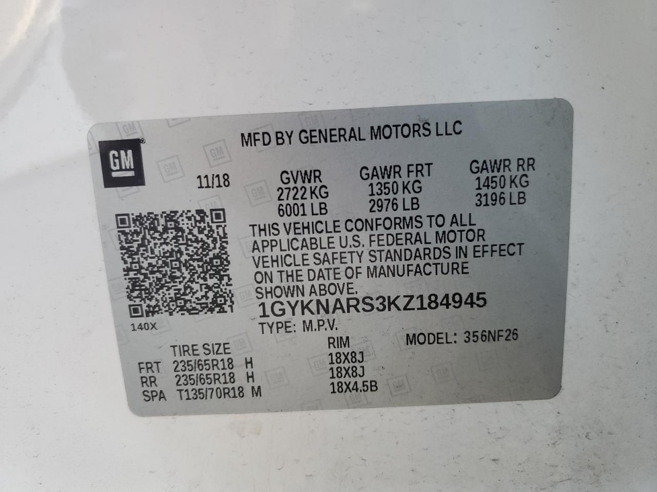 2019 Cadillac Xt5 VIN: 1GYKNARS3KZ184945 Lot: 86335754