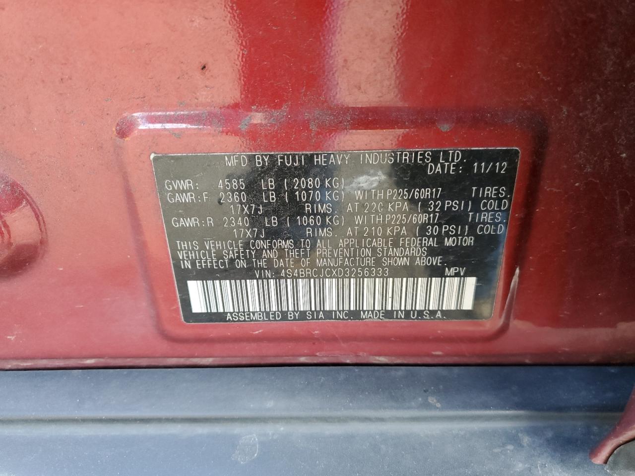 2013 Subaru Outback 2.5I Limited VIN: 4S4BRCJCXD3256333 Lot: 41475555