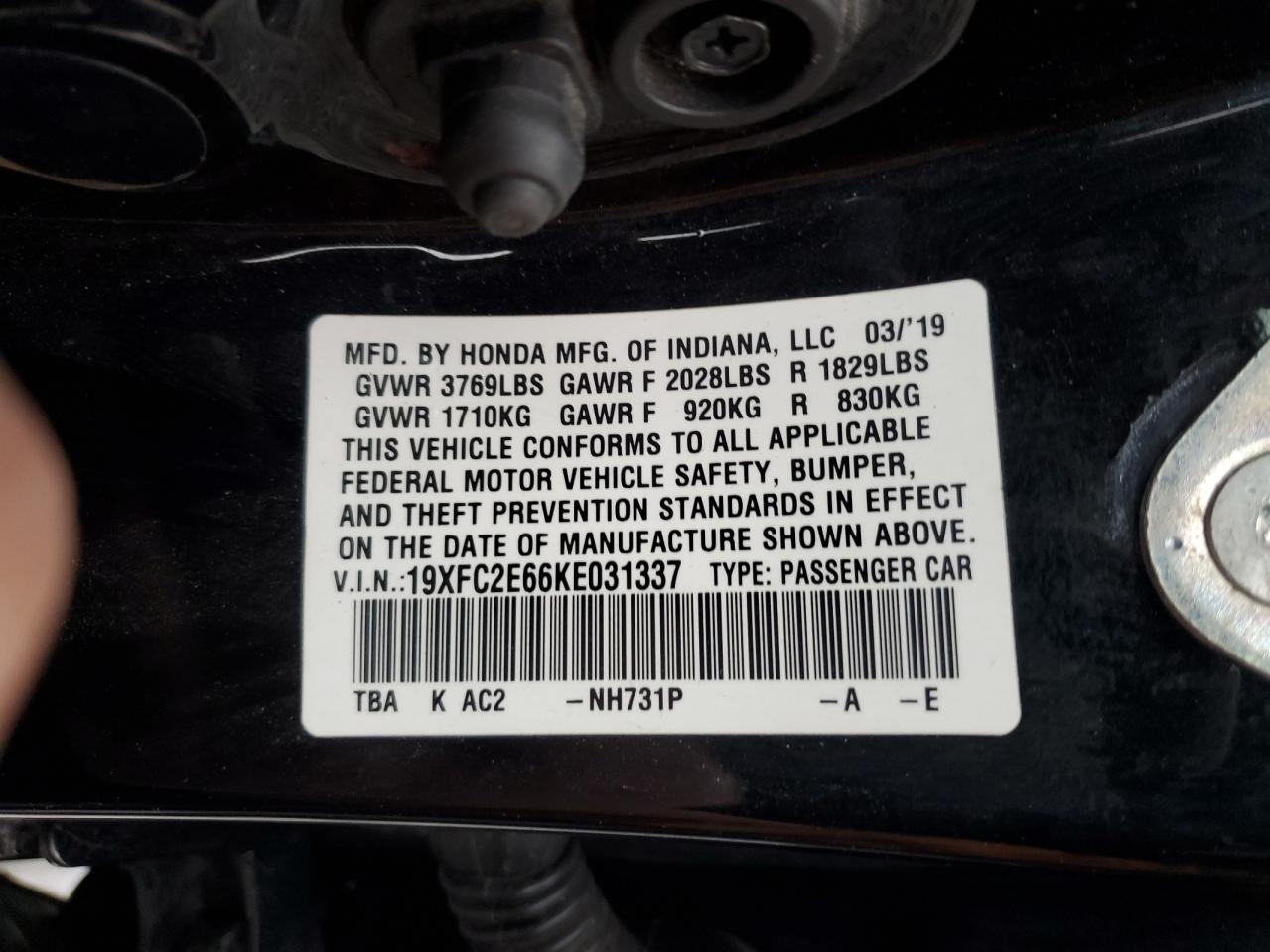 2019 Honda Civic Lx VIN: 19XFC2E66KE031337 Lot: 85714584