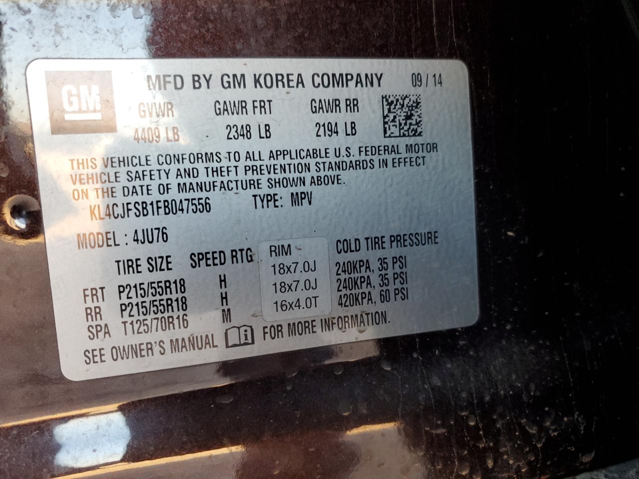 2015 Buick Encore Convenience VIN: KL4CJFSB1FB047556 Lot: 88528775