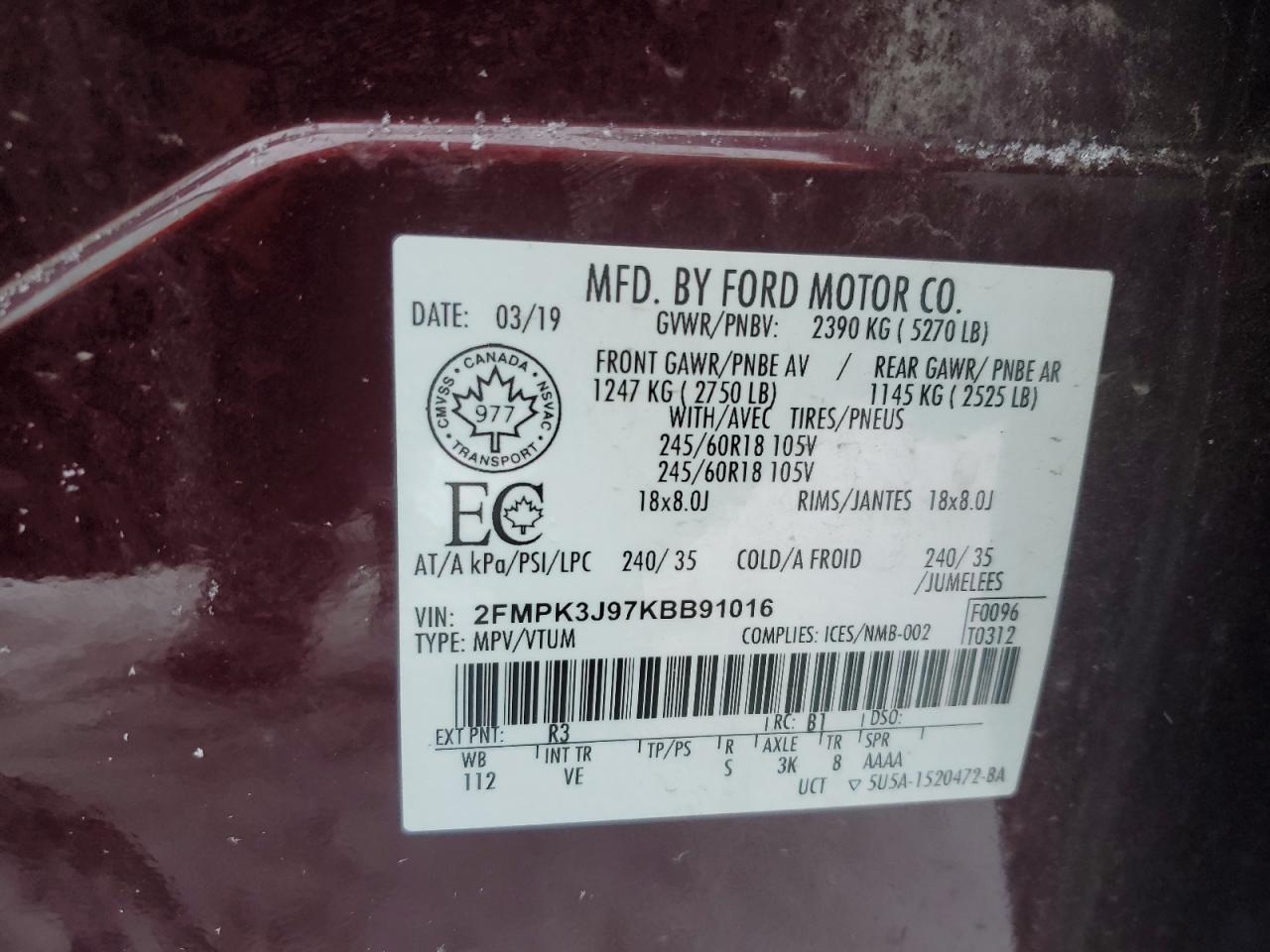 2019 Ford Edge Sel VIN: 2FMPK3J97KBB91016 Lot: 87105454