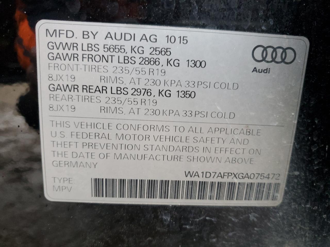 VIN WA1D7AFPXGA075472 2016 AUDI Q5 no.12