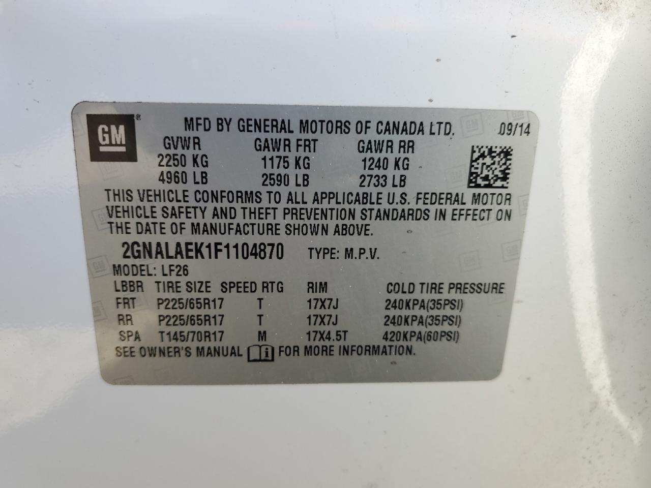 VIN 2GNALAEK1F1104870 2015 CHEVROLET EQUINOX no.13