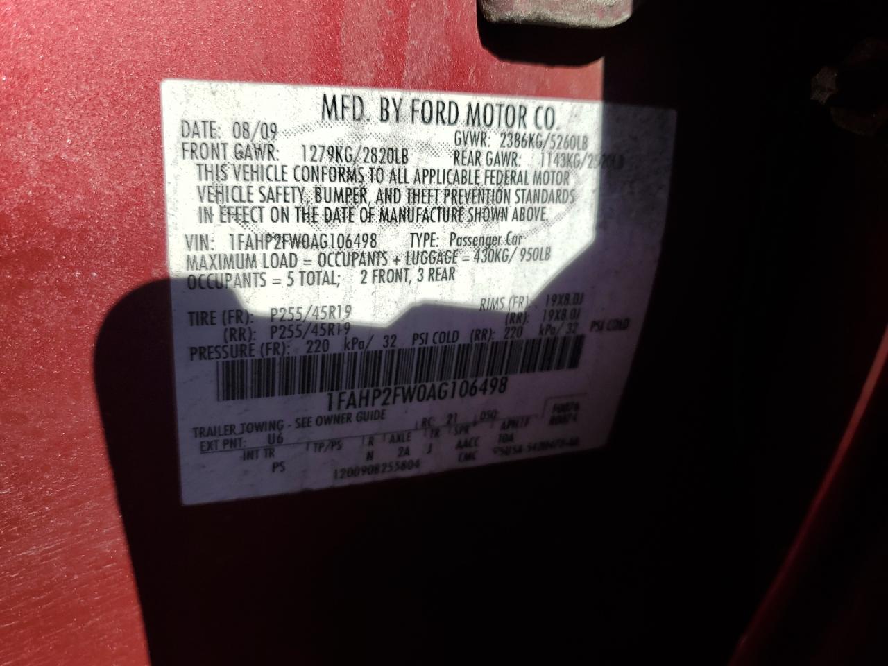 2010 Ford Taurus Limited VIN: 1FAHP2FW0AG106498 Lot: 88786035