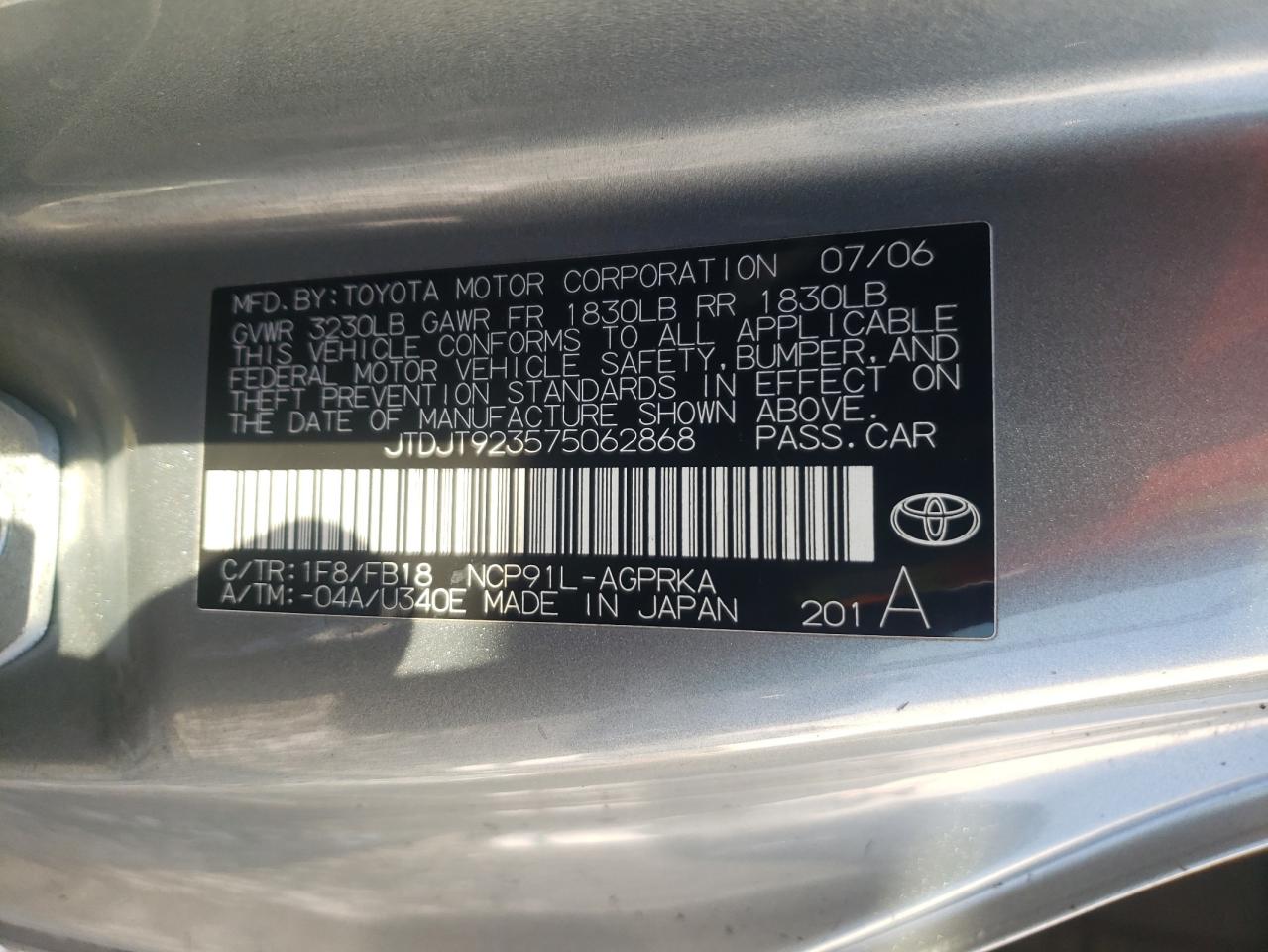 2007 Toyota Yaris VIN: JTDJT923575062868 Lot: 87698195