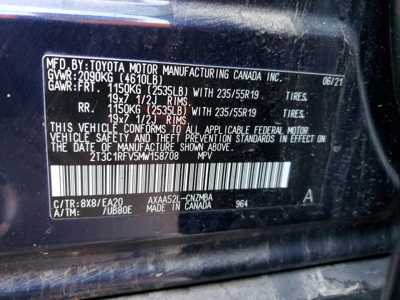 VIN 2T3C1RFV5MW158708 2021 TOYOTA RAV4 no.13