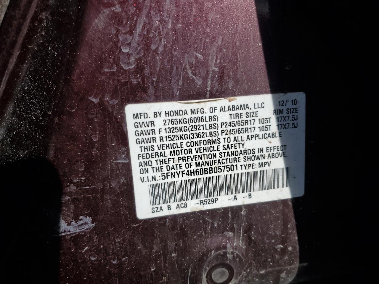 2011 Honda Pilot Exl VIN: 5FNYF4H60BB057501 Lot: 85854774