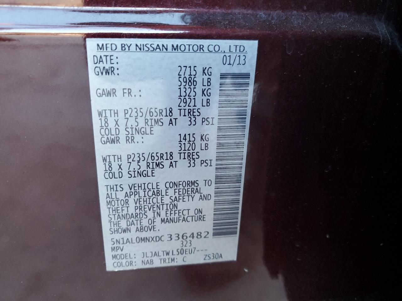 2013 Infiniti Jx35 VIN: 5N1AL0MNXDC336482 Lot: 88919505